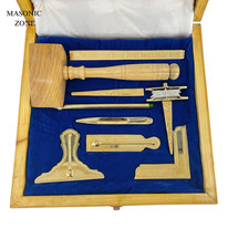 Masonic Working Tools Set Real Gold Plated Standard Full Size Natural Wooden Box picture