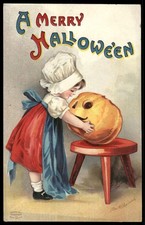 Postcard Merry Halloween Girl Pumpkin Clapsaddle picture