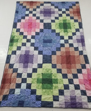 Vintage Handmade Beautiful Disappearing Four-Patch Multicolored Quilt 86x57 Inch picture